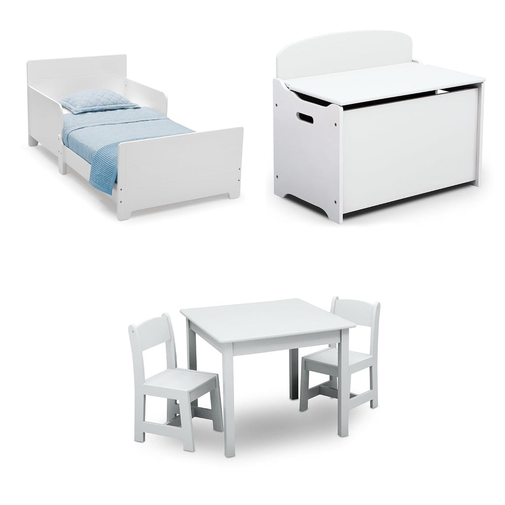 Delta Children MySize Toddler Bed, Bianca White + MySize Kids Wood Table and 2 Chair Set + MySize Deluxe Toy Box (Bundle)