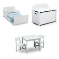 Delta Children MySize Toddler Bed, Bianca White + MySize Kids Wood Table and 2 Chair Set + MySize Deluxe Toy Box (Bundle)