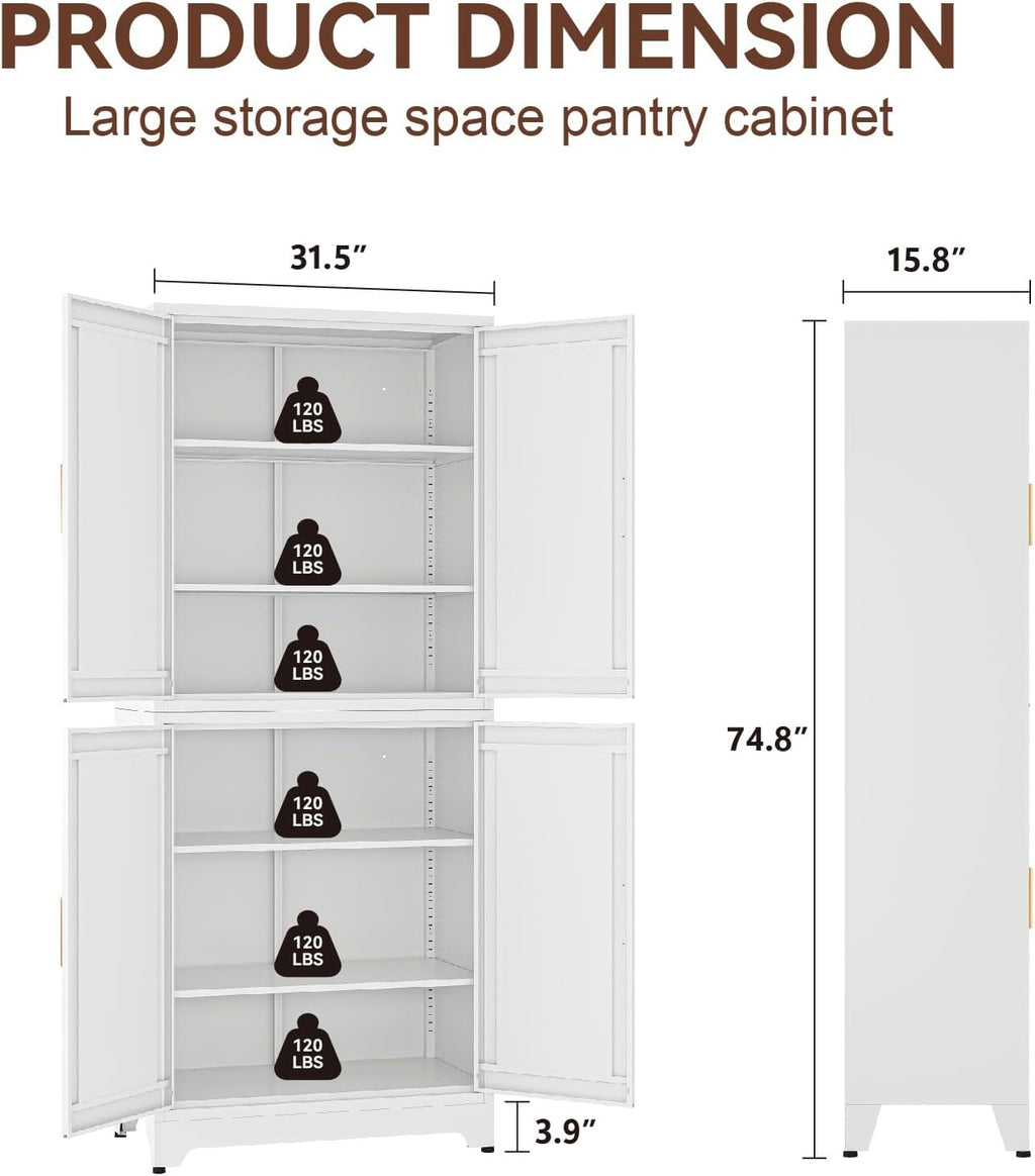 Metal 2-in-1 Combination Kitchen Pantry Cabinet, 75" Tall Farmhouse Standing Storage Cabinets, Freestanding Cupboard with 4 Doors and Adjustable Shelves for Dining Room, Bathroom and Living Room