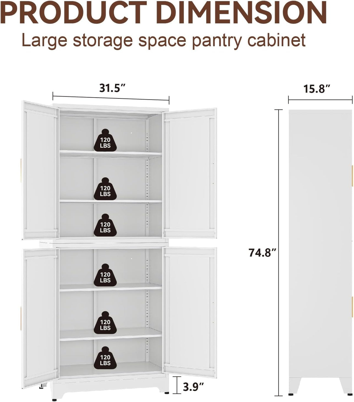 Metal 2-in-1 Combination Kitchen Pantry Cabinet, 75" Tall Farmhouse Standing Storage Cabinets, Freestanding Cupboard with 4 Doors and Adjustable Shelves for Dining Room, Bathroom and Living Room