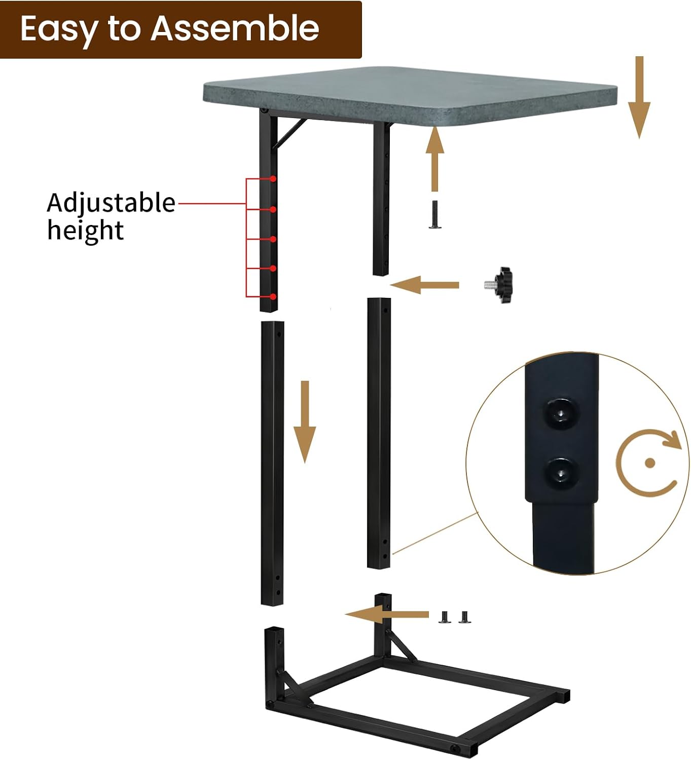 C-Shaped End Table for Couch, Adjustable Sofa Side Table with Sturdy Metal Frame, Small Space Rustic Gray TV Tray Table for Living Room, Bedroom, Bedside, Modern Functional Accent Furniture