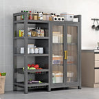 Kitchen Pantry Cabinet with Clear Doors, Metal Sideboard with Open Storage Shelf and Baskets Floor-Standing Organizer for Dining Room Living Room Bar
