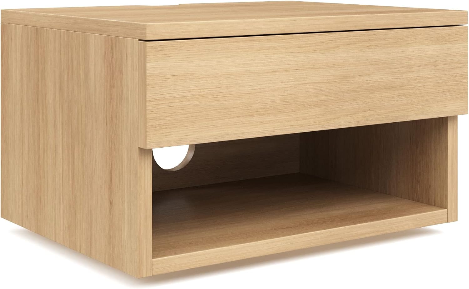 Nathan James Jackson Wall Mounted Floating Bedroom Nightstand with Storage Drawer and Modern Open Shelf Cubby, Light Oak Wood