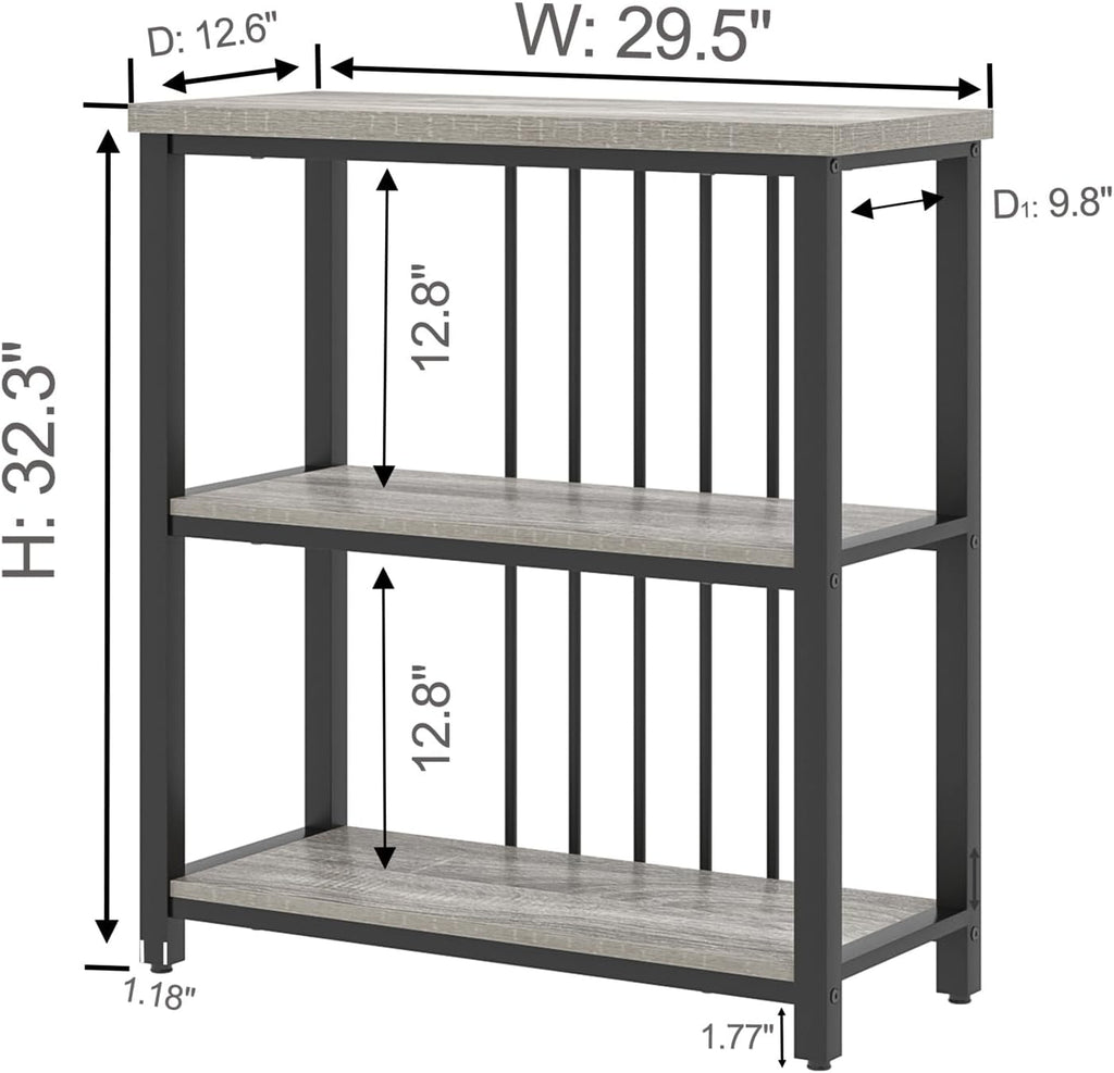 FOLUBAN 3 Tier Bookshelf, Short Bookcase for Small Space, Modern Wooden and Metal Book Shelf for Living Room Bedroom Office (Light Grey Oak)