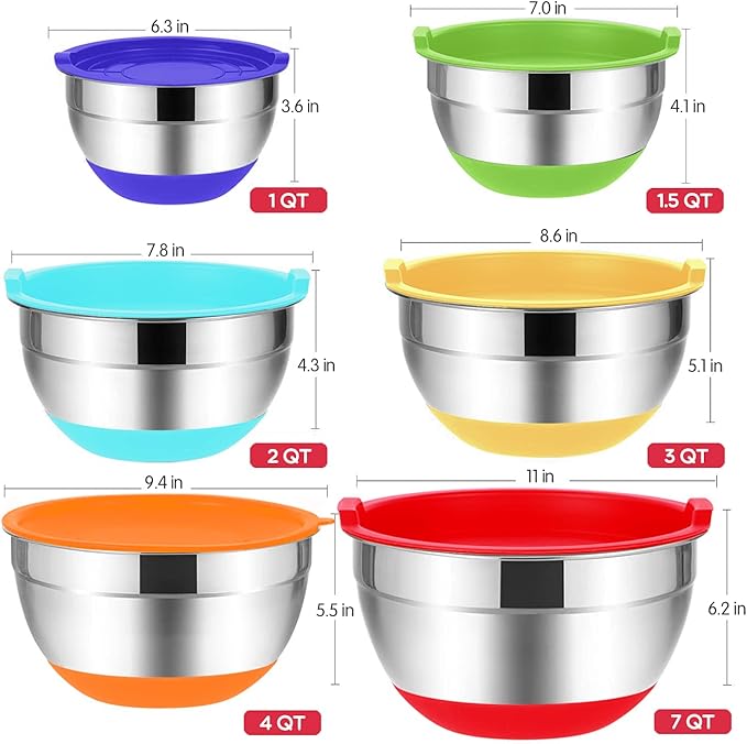 Mixing Bowls with Airtight Lids, 20PCS Stainless Steel Mixing Bowls Set, Nesting Bowls with 3 Grater Attachments & Non-Slip Bottoms, Size7, 4, 3, 2, 1.5, 1QT Bowls for Baking&Prepping