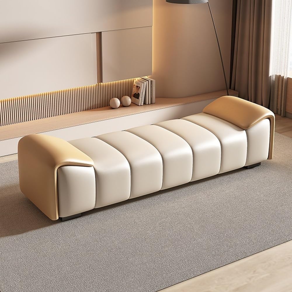Modern Leather Bed End Stool Modern Bedroom Bedside Cloakroom Long Bench Shoe Entryway(Cream White,Medium)