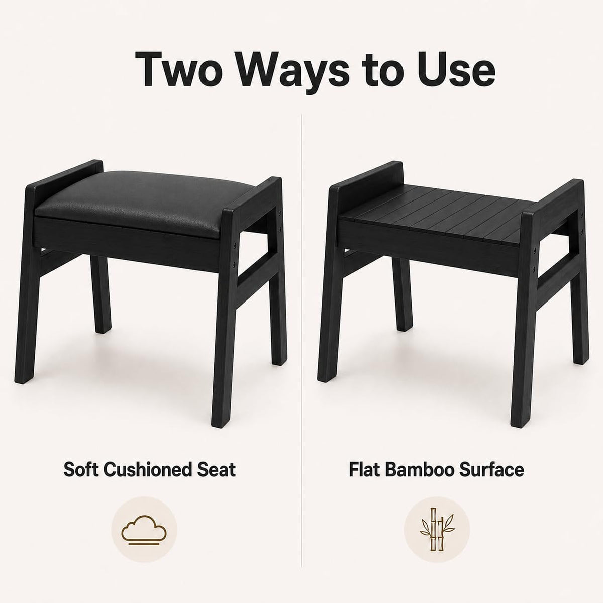 BAMBOOHOMIE Foot Stool Ottoman, Modern Vanity Stool Chair for Makeup with Removable Cushion & Side Handles, Bamboo Ottoman for Living Room Bedroom Office, Small Foot Rest for Couch (Black - Black)