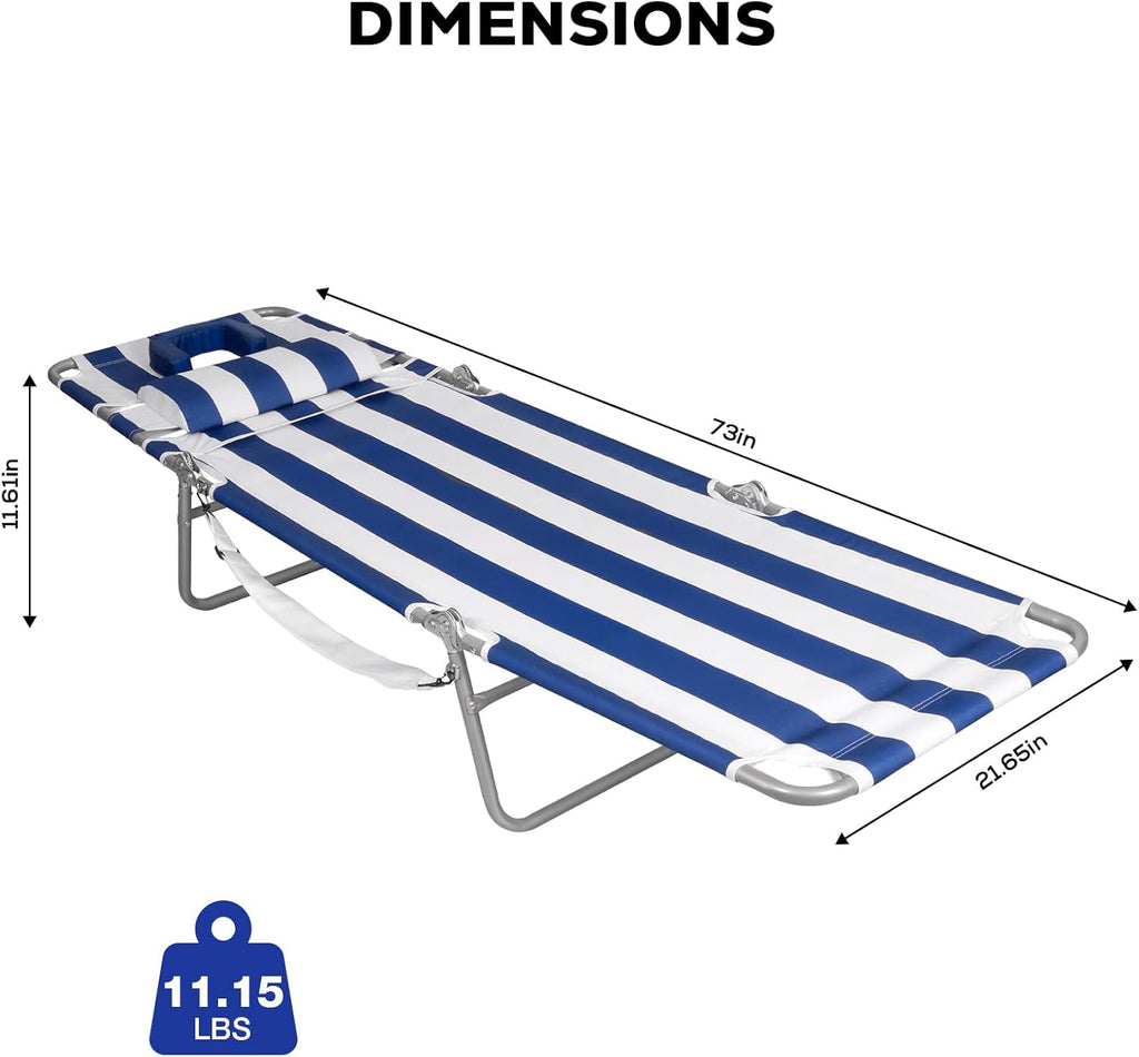 Romswi 2PK Folding Tanning Beach Chair with Face Hole, 5-Position Reclining Sun Lounger, Portable Face Down Tanning Chair with Arm Holes & Side Pocket for Beach, Pool, Patio, Navy and White Stripe