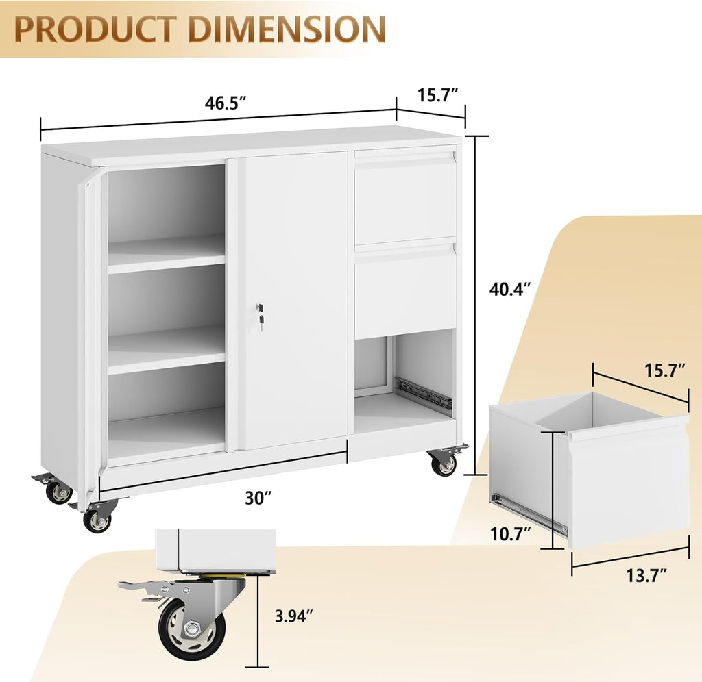 47" Rolling File Storage Locker Cabinet with 3-Drawer，Office Storage Cabinet with Adjustable Shelf & Universal Wheels, Mobile Printer Stand for Home Office, Living Dining Room,White