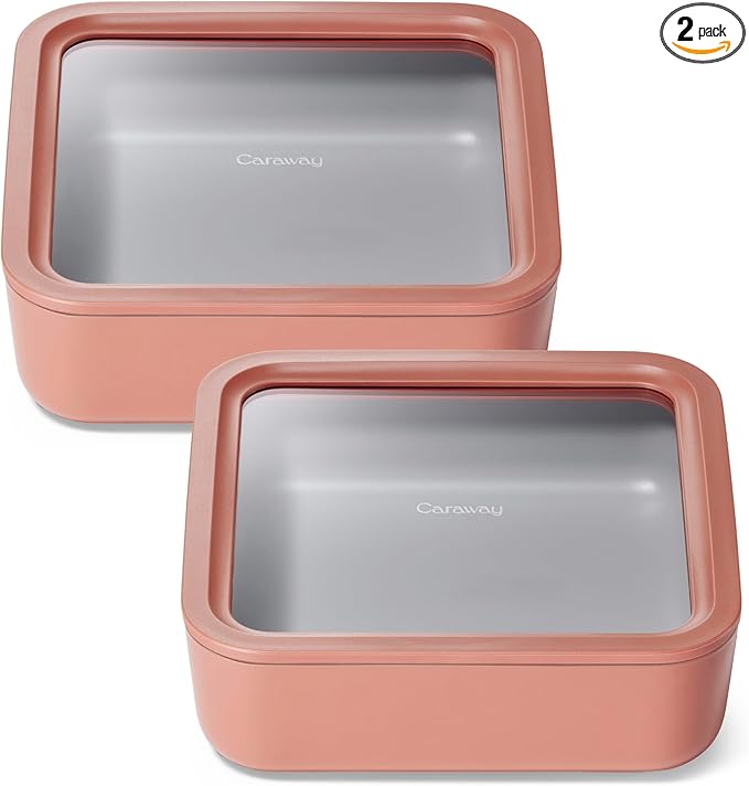 Caraway 2pc Glass Food Storage Set - 10 Cup Food Containers (2) - Ceramic Coated - Non Toxic, Non Stick Lunch Box with Lids. Dishwasher, Oven, & Microwave Safe - Perracotta
