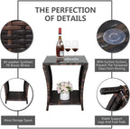 VINGLI Outdoor Wicker Side Table Patio Side Tables for Outside, Tempered Glass Top Wicker Table with Storage End Table for Balcony Porch Deck (Brown)