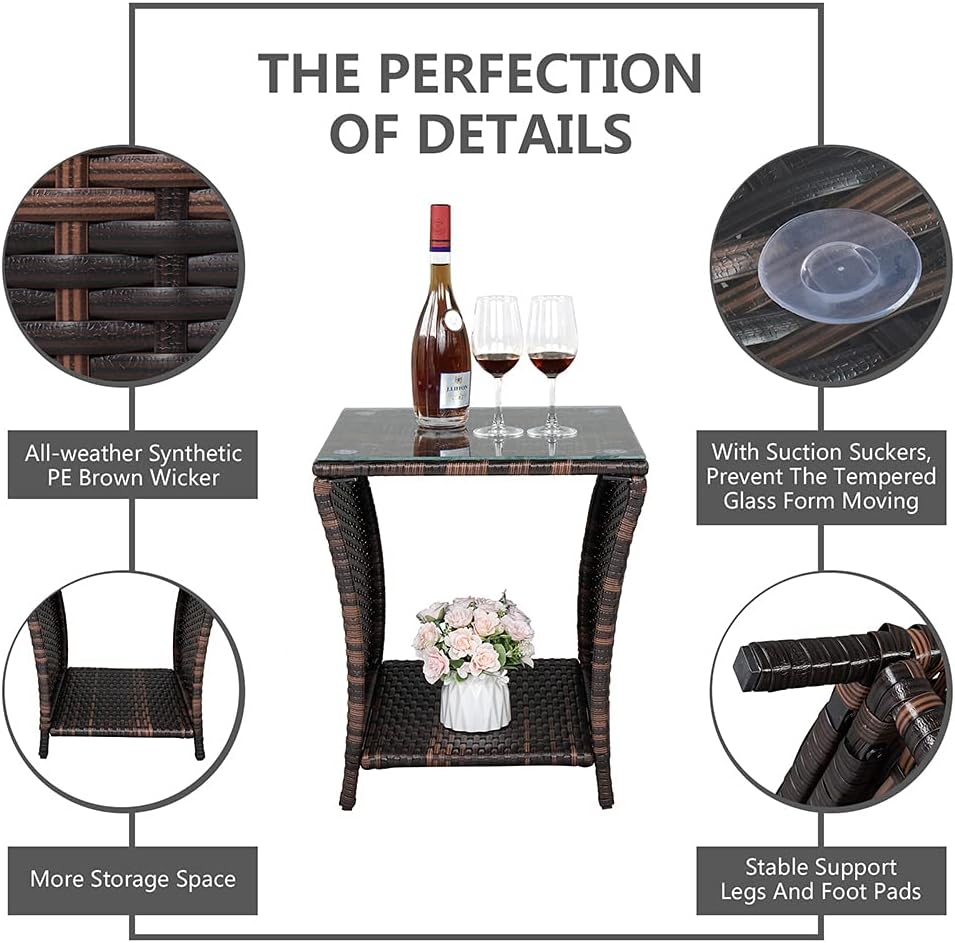VINGLI Outdoor Wicker Side Table Patio Side Tables for Outside, Tempered Glass Top Wicker Table with Storage End Table for Balcony Porch Deck (Brown)