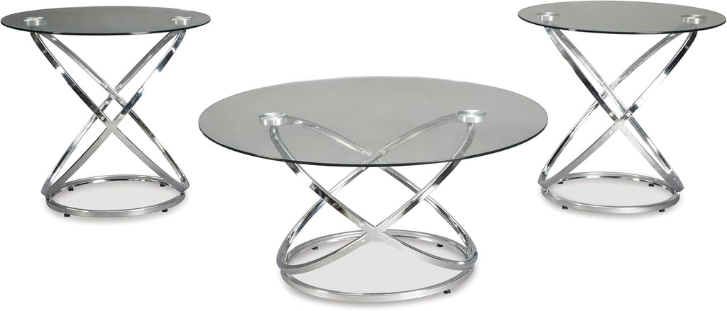 GTU Furniture Contemporary Glass Round 3-Piece Coffee Table Set, Cocktail Table with 2 Matching End Tables, Chrome Finish Finish for Living Room