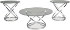 GTU Furniture Contemporary Glass Round 3-Piece Coffee Table Set, Cocktail Table with 2 Matching End Tables, Chrome Finish Finish for Living Room