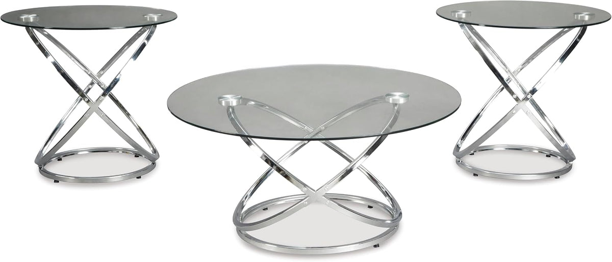 GTU Furniture Contemporary Glass Round 3-Piece Coffee Table Set, Cocktail Table with 2 Matching End Tables, Chrome Finish Finish for Living Room