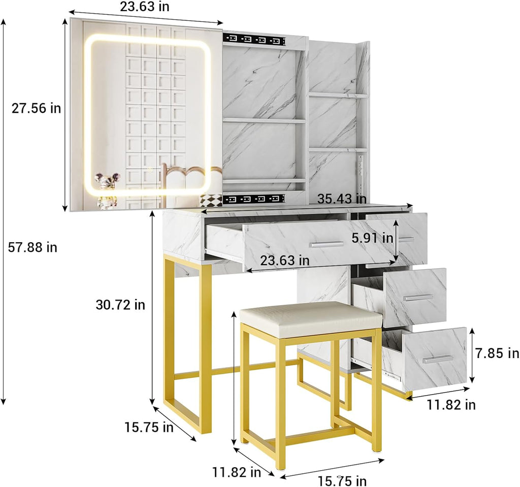 57'' Large Vanity Desk with Mirror & Lights, Makeup Vanity Table with Charging Station,