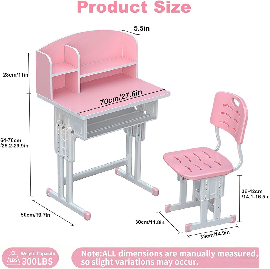 hatleues Kids Desk and Chair Set for 3-12 Year Old, Height Adjustable School Study Desk with Storage Drawer & Book Stand, Ergonomic Student Writing Table for Girls Boys Pink