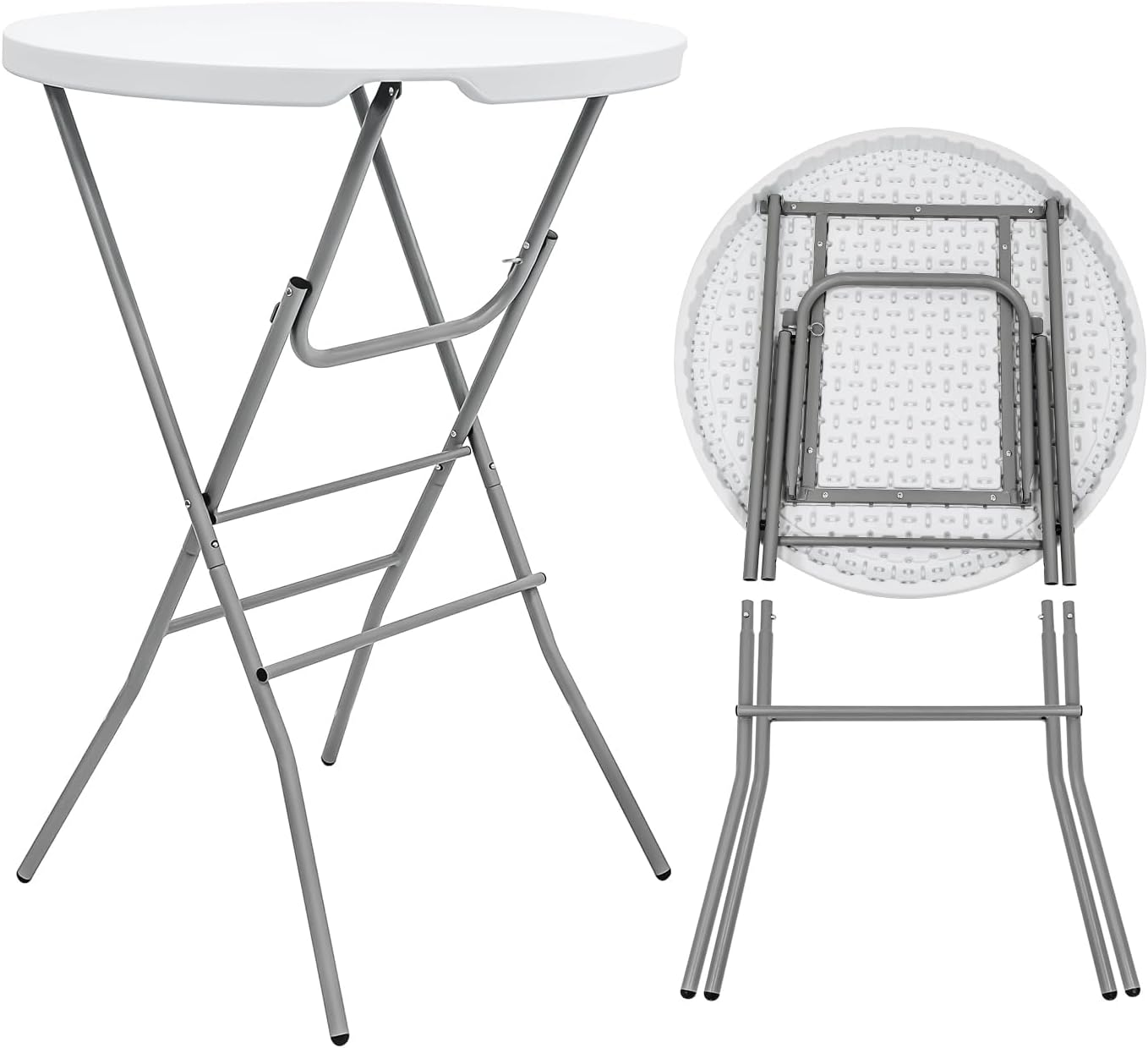 2 PCS - 31.5" L X 31.5" W X 43" H - Cocktail Table White High Top Folding Table, Portable Bar Height Folding Table Round with Detachable Gray Legs