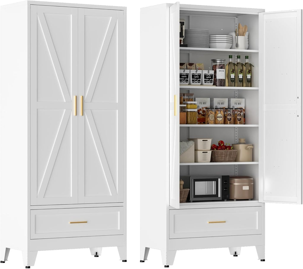 LCAOPC 71" Tall Metal Pantry Storage Cabinet with Drawer and Adjustable Shelves, Freestanding Kitchen Cupboard Storage Cabinet for Kitchen,Dining Room, Living Room, White