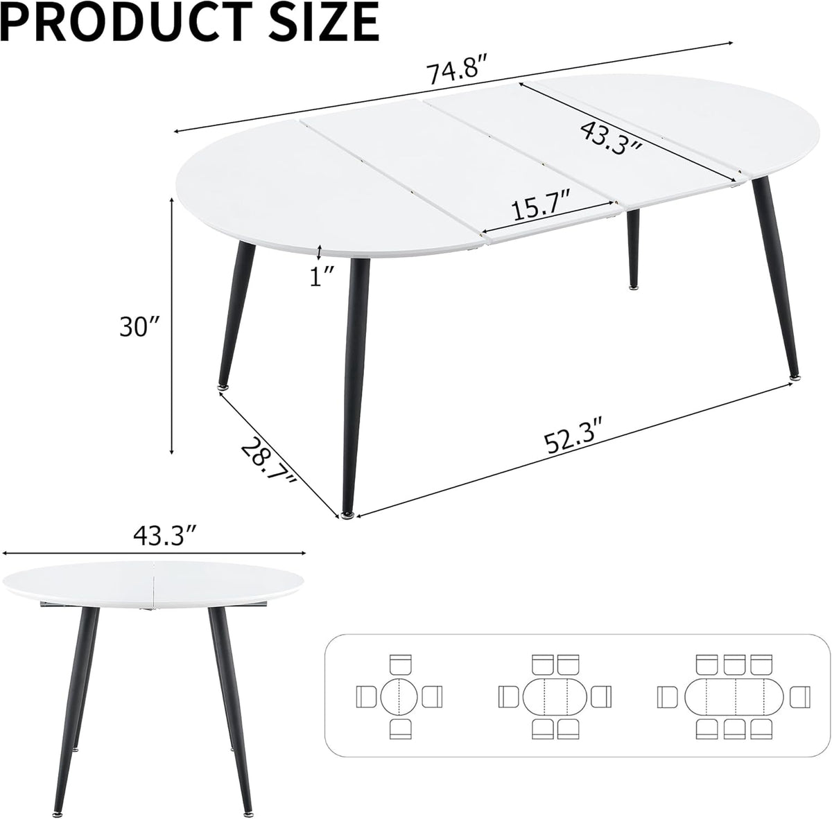 Extendable Round Dining Table for 4 6, Solid Wood for Dining Room Kitchen Office, 43"- 74" Modern Oval Kitchen Table, Removable Leaves Space Saving Expandable Dinner Table White