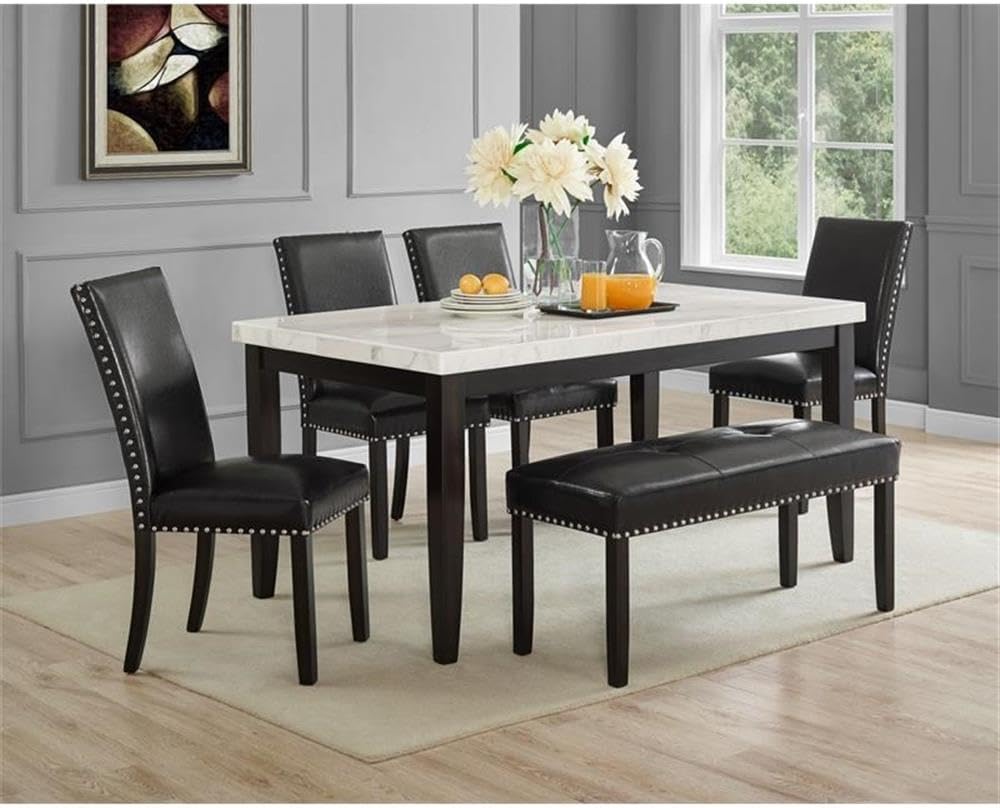 Pemberly Row Modern Transitional Dining Bench, 42" W x 17" D x 21" H, Hardwood Solids with Ebony Finish, Black Faux Leather Upholstery, Tufted Seat, Nail Head Trim, Kitchen or Dining Room Seating
