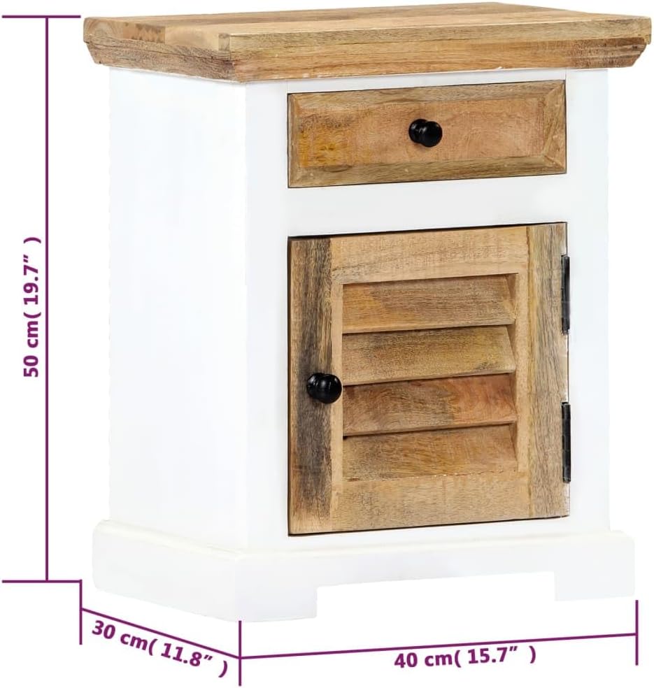 Solid Rough Mango Wood Nightstand with 1 Drawer and 1 Door, White and Brown Side Table for Living Room, 15.7"x11.8"x19.6"