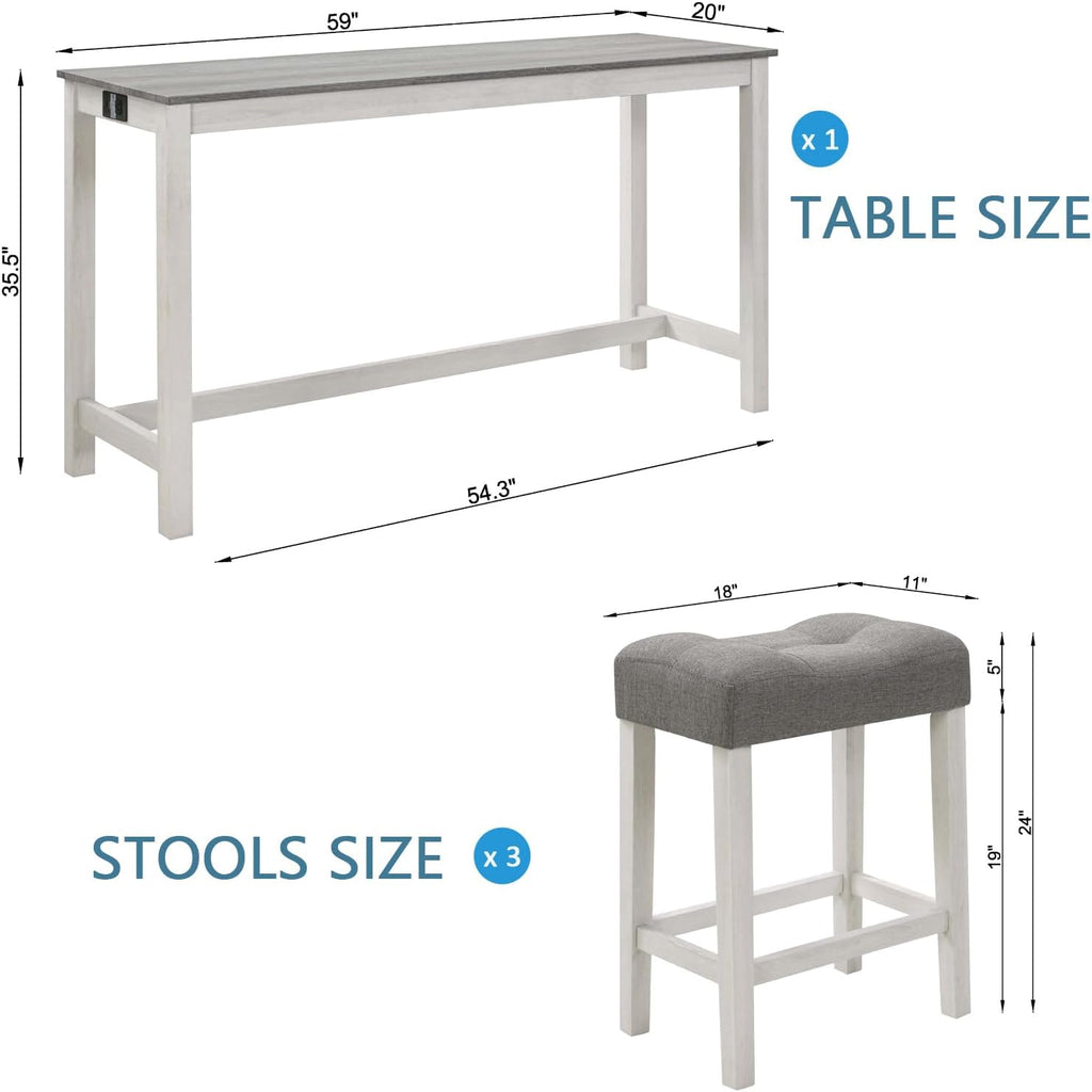 59'' Dining Bar Table and Chairs Set with Power Outlet, 4-Piece Industrial Breakfast Table Set with 3 Padded Stools, Wood Console Table Set for Kitchen Living Room Dining Room, White Grey