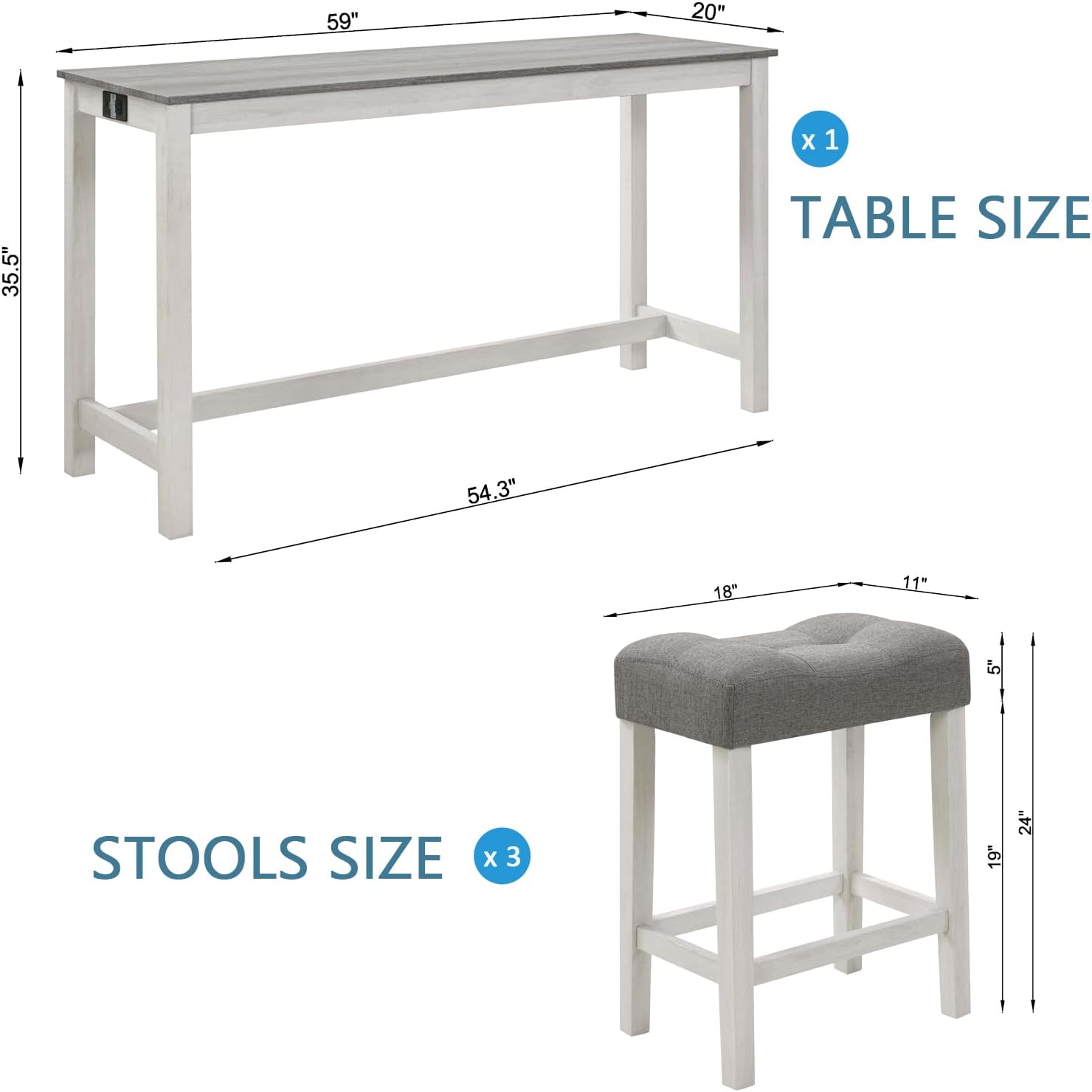 KEIKI 4-Piece Bar Table Set with Charging Ports, 59" Industrial Kitchen Table with 3 Upholstered Stools, Durable Wood Frame for Living or Dining Room, Gray & White