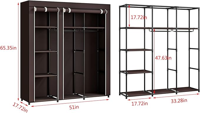 SORCEDAS Portable Wardrobe Closet Storage Organizer Metal Hanging Rack Non-Woven Fabric (Coffee, 51 Inch)