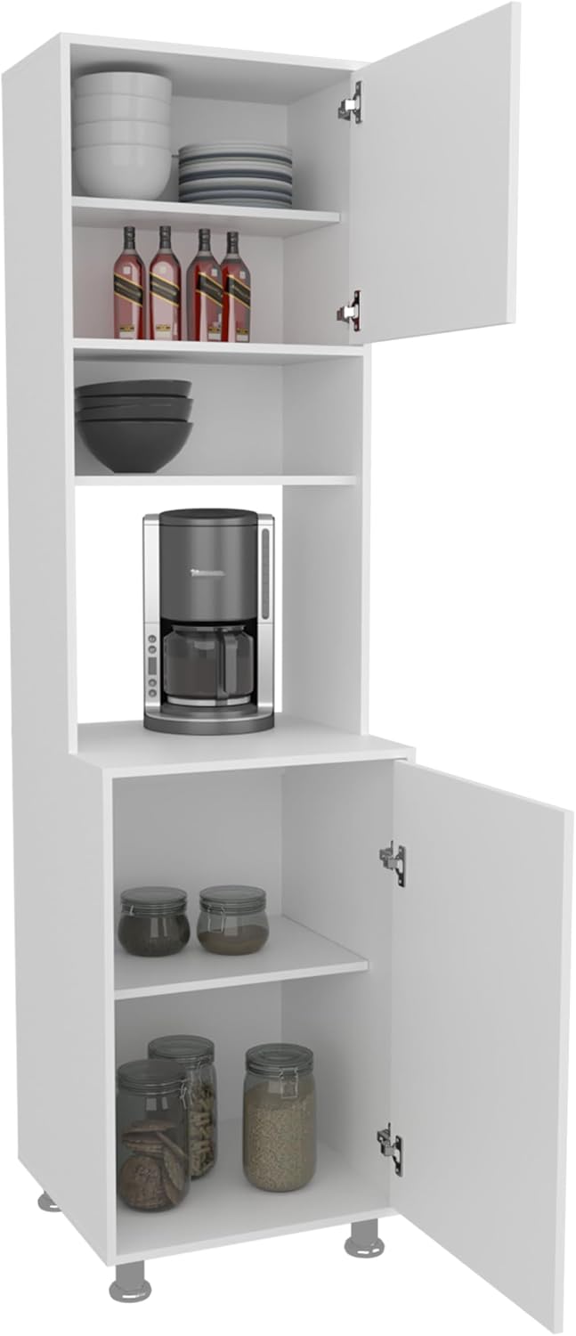 FM FURNITURE Kitchen Pantry Storage Cabinet, Freestanding Organizer with Doors and Open Shelves, Space Saving Kitchen Storage, White