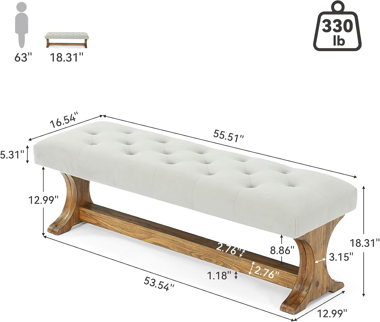 LITTLE TREE 55" Upholstered End of Bed Bench, Solid Wood Tufted Entryway Bench, Farmhouse Ottoman with Cushion for Bedroom, Foot of Bed, Living Room, Hallway, Light Gray