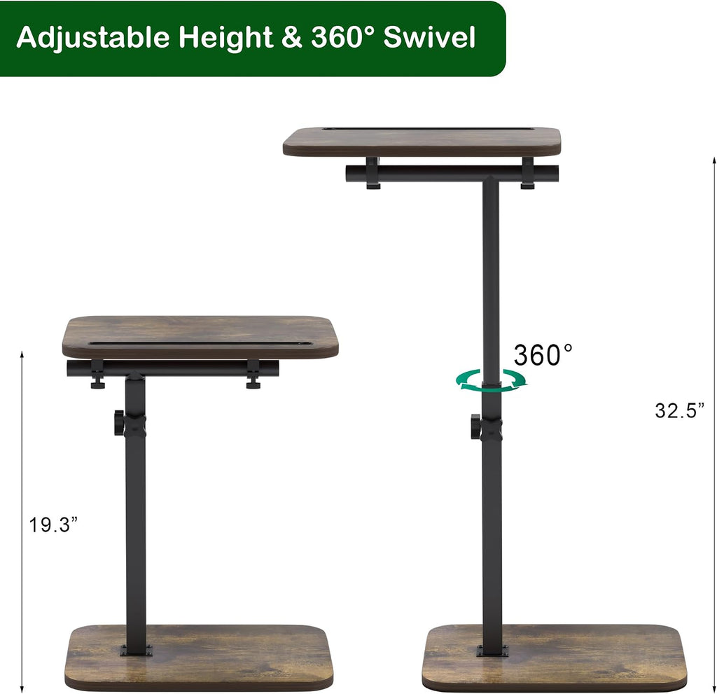 TV Tray Side Table for Couch - 360° Swivel Adjustable Height Rotating Sofa Table C Table End Table Laptop Desk with Phone & Tablet Slot, Perfect for Eating Working Reading, Fits Small Spaces