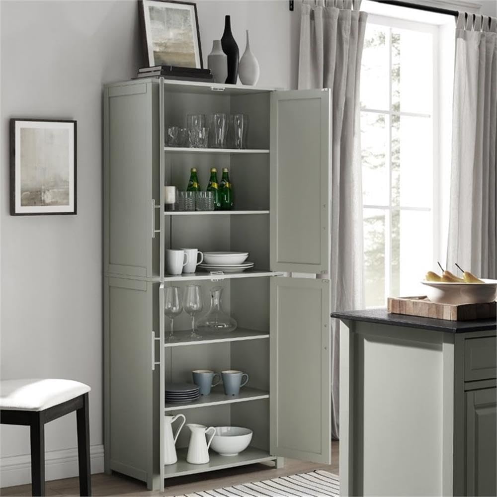 Pemberly Row Tall Wood Pantry Cabinet with Adjustable Shelves, MDF and Birch Veneer, Gray and Nickel Finish, Shaker-Style Doors, 67 in H x 28 in W x 15 in D, Kitchen, Bathroom, or Home Organization