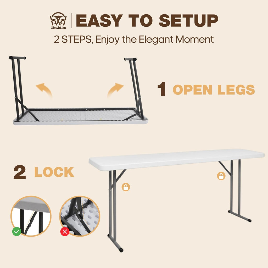 Folding Table 5FT, Heavy Duty Foldable Table for Indoor Outdoor Use, HDPE Rectangle Narrow Folding Table for Seminar, Home Office, Buffet, Camping, Party, White