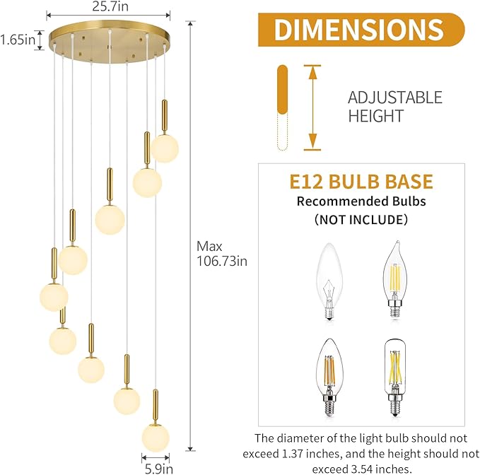 9-Lights Gold Chandelier with Milk White Glass Mid Century Modern Globe Pendant Light for Foyer Living Room Entryway Hallway