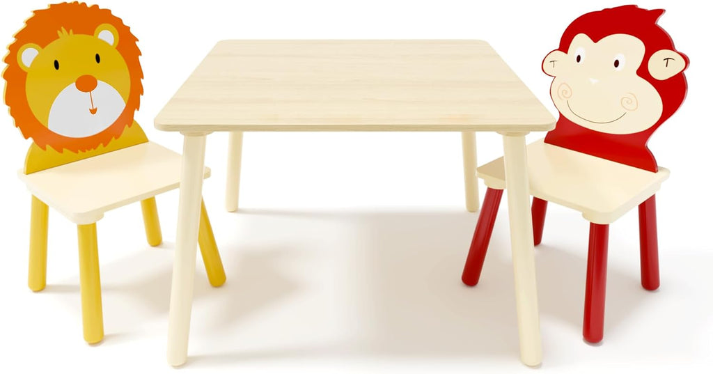 3 Pieces Toddler Table and Chair Set, Lion & Monkey Pattern Solid Wood Legs Heavy Duty Boys and Girls Activity Play Table and 2 Chairs Furniture for Playroom Daycare Kindergarten