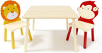 3 Pieces Toddler Table and Chair Set, Lion & Monkey Pattern Solid Wood Legs Heavy Duty Boys and Girls Activity Play Table and 2 Chairs Furniture for Playroom Daycare Kindergarten