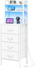 Fixwal 47 Inch Tall Nightstand with Charging Station, Led Night Stand with Socket, 4 PU Finished Fabric Storage Drawers, Office, Bedside Table & Bookshelf in One, White