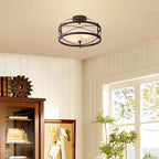 Entryway Drum Light Fixtures, Semi-Flush Mount Rustic Ceiling Light for Hallway Living Room Bedroom Kitchen, Old Bronze Finished (Brown)