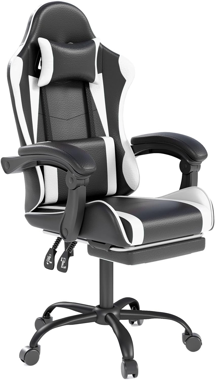 OS MOTOR Gaming Chair with Headrest and Lumbar Support, White | Ergonomic High Back Office Chair, Racing Style Executive Computer Desk Chair, Leather Adjustable Swivel Task Chair, Home