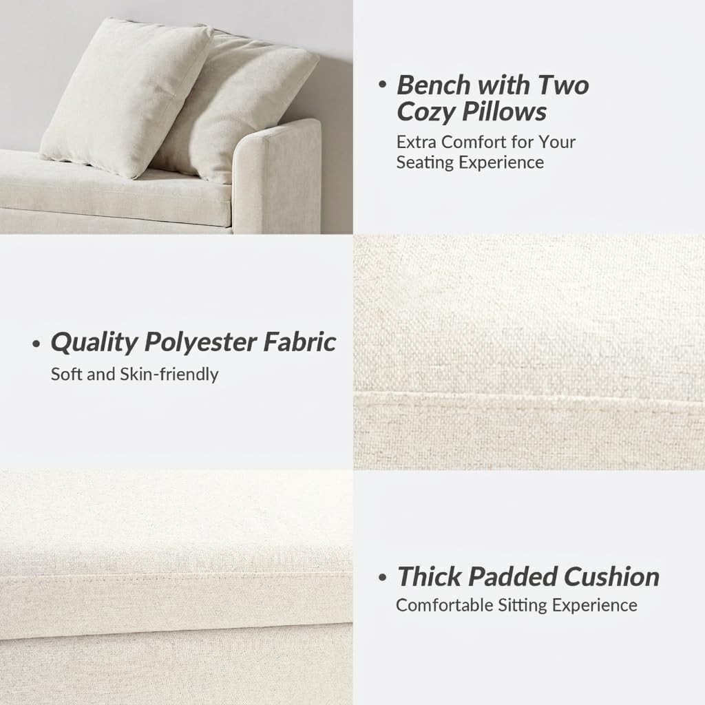 HULALA HOME 59" Storage Bench with 2 Throw Pillows, Modern Long Bedroom Bench for End of Bed, Comfy Upholstered Footstool for Entryway Living Room, Linen