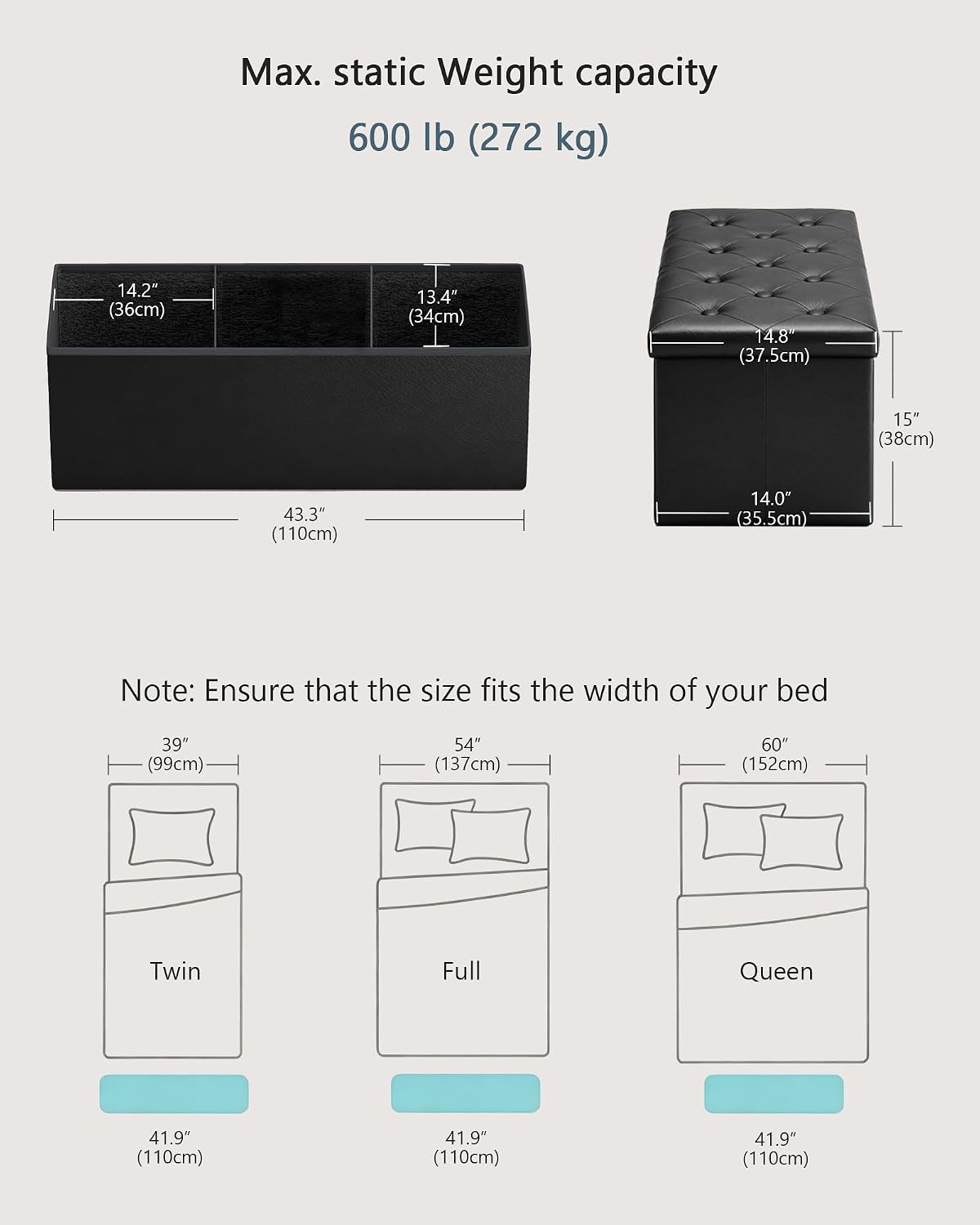 GLAXYFUR 43" Storage Ottoman Bench, Folding Ottoman with 2 Dividers, Black | End of Bed Bench, PU Leather Foot Rest, Storage Chest for Living Room, Bedroom and Entryway