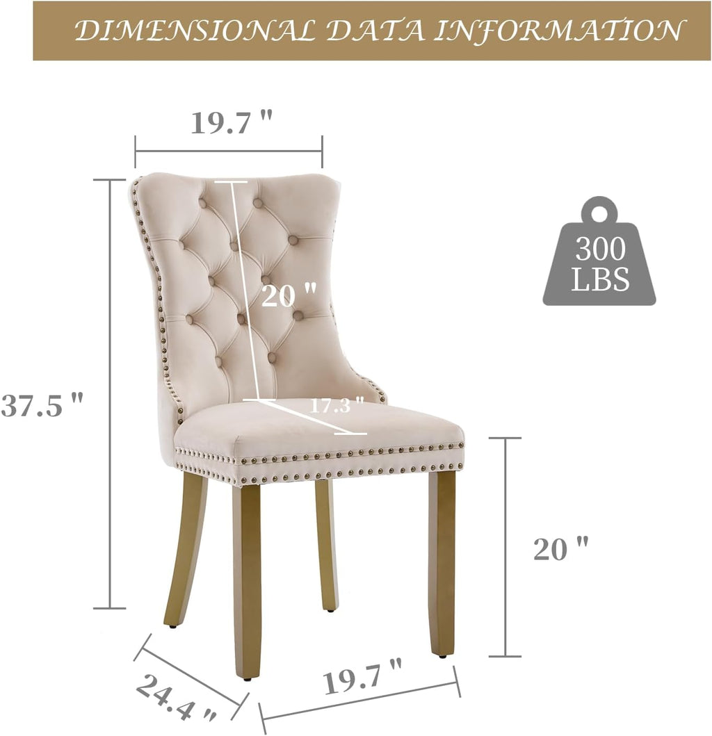 LKTART Dining Chairs Set of 6 Mid-Century Modern Chairs with Lion Head Pull Ring, Velvet Upholstered Dining Chair with Golden Wooden Legs Nailhead Trim for Kitchen Bedroom Dining Room (Beige)