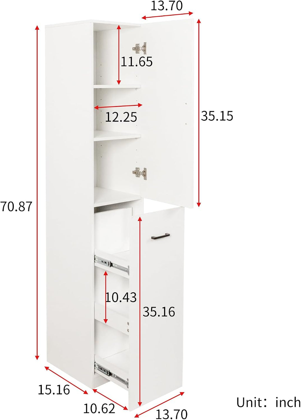 71" Spice Cabinet Pantry Cabinet for Kitchen, Tall Slim Storage Cart with Door & 3-Tier Shelf, Narrow Side of Fridge Next to Fridge Storage, Freestanding Narrow Pantry Cabinet for Small Spacem, White