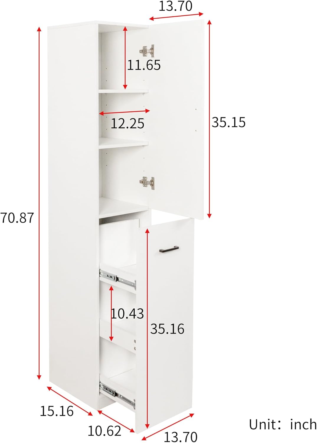 Kitchen Pantry Tall Freestanding Cabinet with 1 Door and 3-Tier Multi-Functional Pull-Out Storage Shelf for Kitchen, Dining Room, Living Room