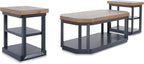 Signature Design by Ashley Landocken Contemporary Occasional Table Set with Open Shelves and Casters, Set of 3, Light Brown & Blue