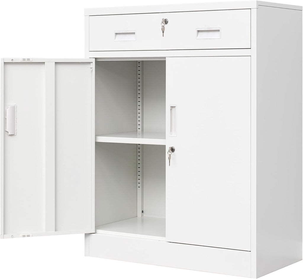 Wanfu Metal Storage Cabinet, Locking Cabinet with 1 Drawer and Adjustable Shelf, 36" H x 28" W x 16" D Steel Storage Cabinet for Office, Garage, Home-White