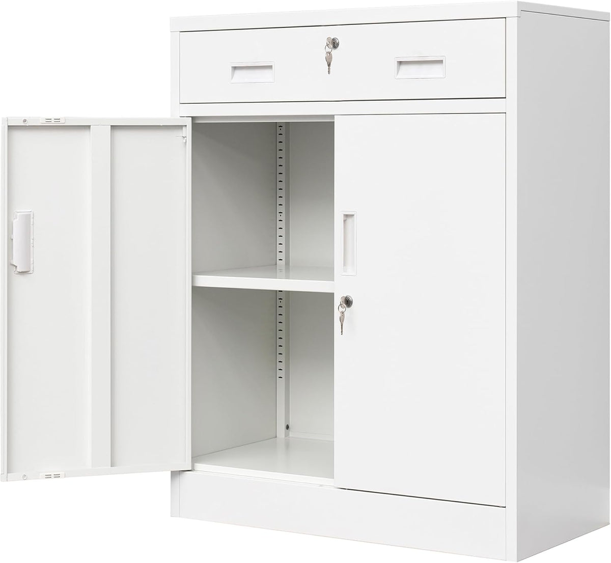 Wanfu Metal Storage Cabinet, Locking Cabinet with 1 Drawer and Adjustable Shelf, 36" H x 28" W x 16" D Steel Storage Cabinet for Office, Garage, Home-White