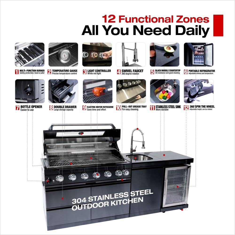 82 Inch 304 Stainless Steel Outdoor Integrated BBQ Kitchen Station (Black) | All-in-one 12-zone outdoor cooking station with 72000 BTU grill, built-in fridge & sink, rolling base for patio backyard