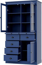 Pantry Stotrage Cabinet with Glass Doors and Serving Trays, Wood Display Cabinet with Stotrage Drawers and Shelves for Kitchen, Dining Room (Blue)